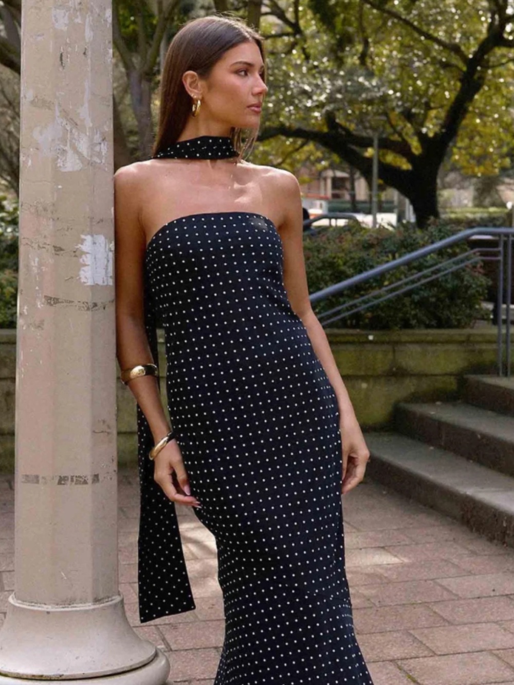 Peppermayo Black and White Polka Dot Strapless Maxi Dress